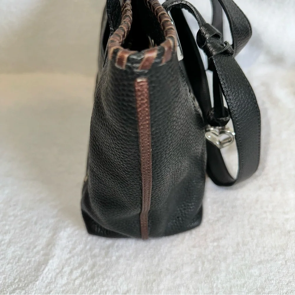 Vintage Brighton Black Leather Tote Bag Whipstitch Heart Charm 90s Y2K Shoulder - Picture 5 of 10